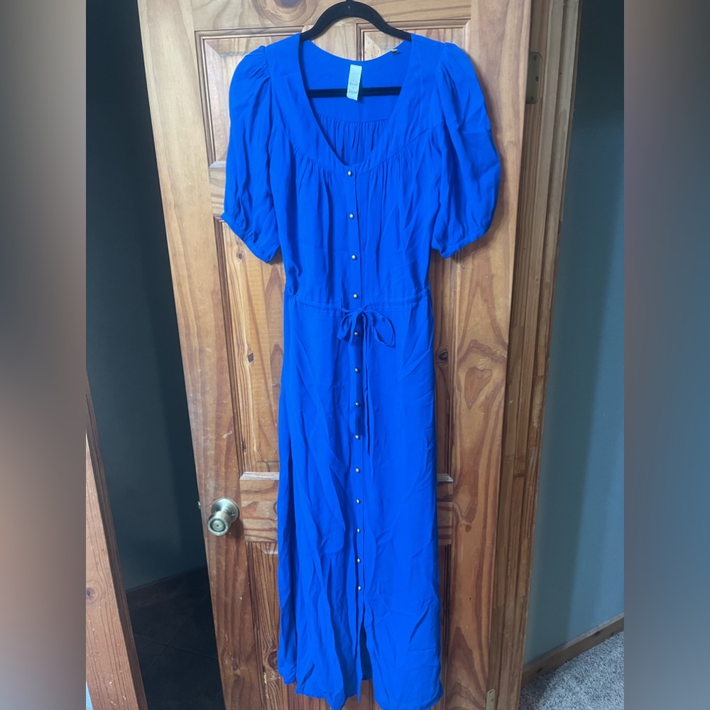 Conrad Joseph Blue Dress with slip Anthropologie round neckline puff sleeves sz4